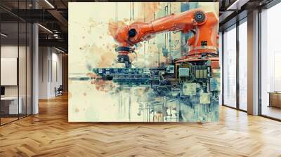 A large orange robot is depicted in a painting, surrounded by a lot of machinery Wall mural