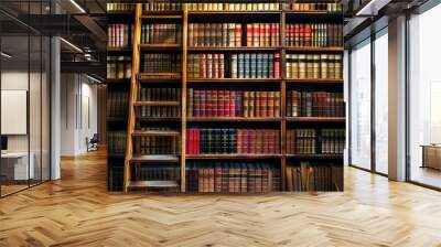 A library with a wooden ladder leading up to the top shelf. The shelves are filled with books of all sizes and colors. Scene is one of curiosity and exploration Wall mural