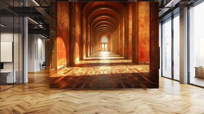 A long hallway with a window in the middle Wall mural