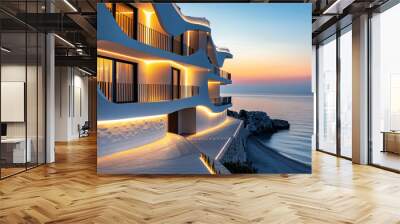 A luxurious seaside resort with an abstract design, its terraced suites offering panoramic views of the sea Wall mural