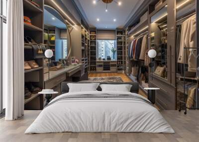 A luxury walk-in closet with custom cabinetry and lighting. The room is organized with dedicated spaces for shoes, handbags, and clothes. Wall mural