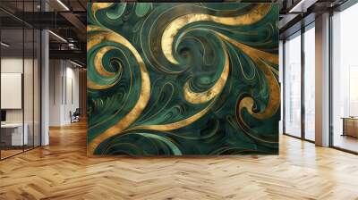 A luxury wallpaper pattern with a swirling design of emerald and gold Wall mural