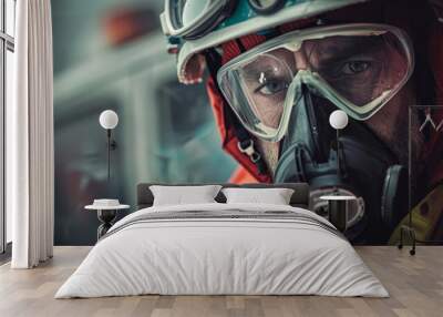 A man in a red jacket and goggles is wearing a gas mask. He looks serious and focused Wall mural