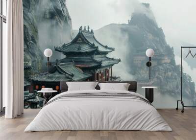 A mountain temple clings to a mist-shrouded peak. Lanterns sway in the breeze, and incense spirals upward. Wall mural