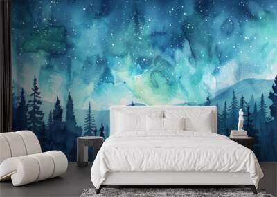 A painting of a forest with a blue sky and stars Wall mural