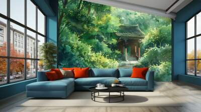 A painting of a forest with a wooden building in the middle Wall mural