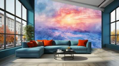 A painting of a snowy landscape with a bright orange sun in the sky Wall mural