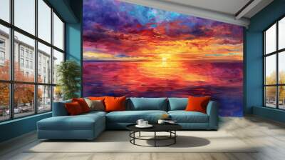 A painting of a sunset with a blue ocean in the background Wall mural