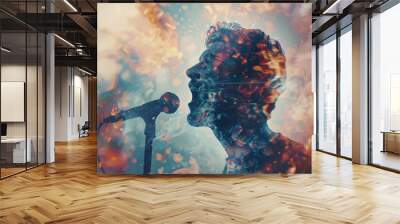 A portrait of a singer with a double exposure of a microphone and a crowd Wall mural