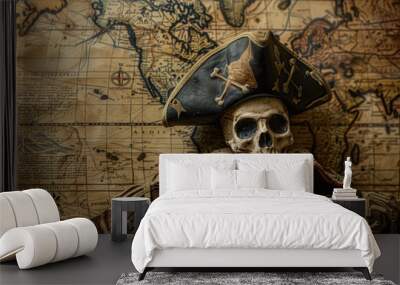 A skeleton wearing a pirate's hat is sitting on a map. The skull is smiling and the pirate's hat is black Wall mural