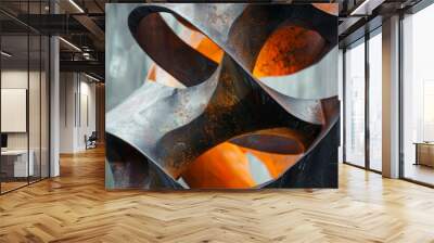 A twisted metal sculpture with a black and orange color scheme Wall mural