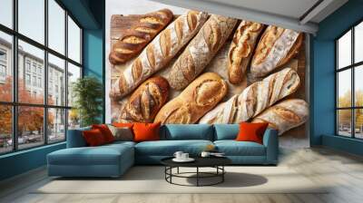 A variety of breads are displayed on a wooden board Wall mural