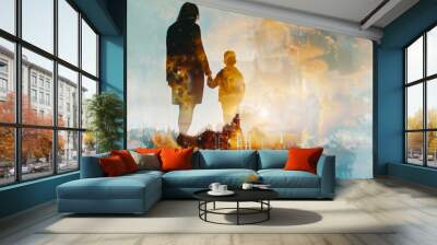 A woman and a child are holding hands in a blurry image Wall mural