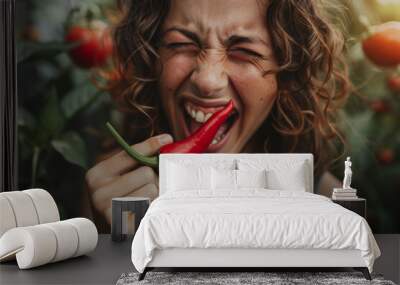 A woman is eating a red pepper and making a funny face Wall mural