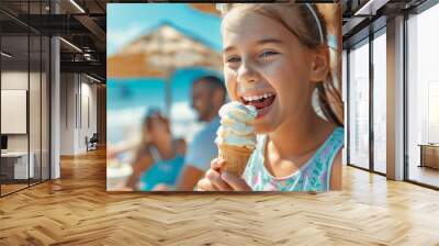 A young girl is eating a white ice cream cone on a sunny day Wall mural