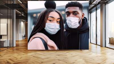 african american man and woman in medical masks reading newspaper at airport. Generative AI Wall mural