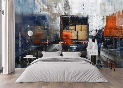 An abstract image of movers unloading boxes from a container truck in the rain. Wall mural