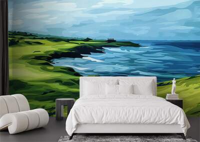 An abstract view of a luxury seaside golf course, its manicured greens contrasting with the blue sea in the background Wall mural