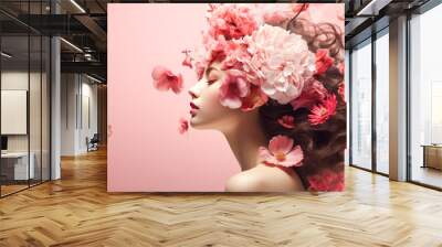 Beautiful woman with pink flowers in her hair. Wall mural