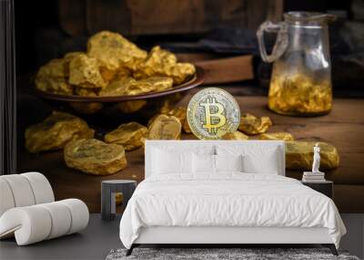 Bitcoin and gold nugget on a wooden table. Cryptocurrency mining concept. Generative AI Wall mural