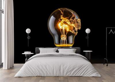 Burning incandescent light bulb on black background, energy concept Wall mural