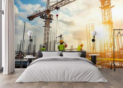 construction site with a crane lifting steel beams into place. The workers are wearing hard hats and safety vests, and the sun is shining brightly on the site Wall mural