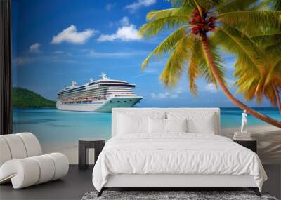 Cruise ship on a tropical beach with palm trees and white sand. Generative AI Wall mural