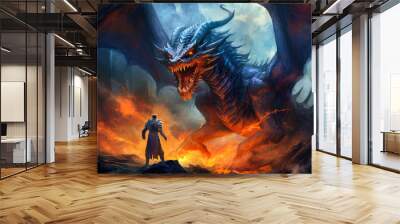 fantasy dragon and a knight in a cave Wall mural