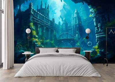 Fantasy landscape with temple and ocean. Wall mural