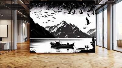 Fishing boat and mountains in the background. Black and white illustration. Generative AI Wall mural