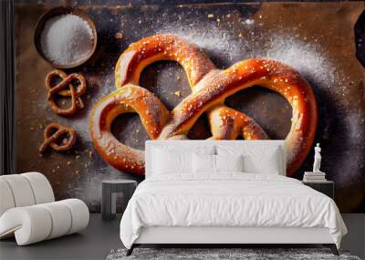 Fresh baked German pretzel. Generative AI Wall mural