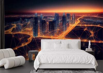 futuristic city connected by invisible internet links. Generative AI Wall mural