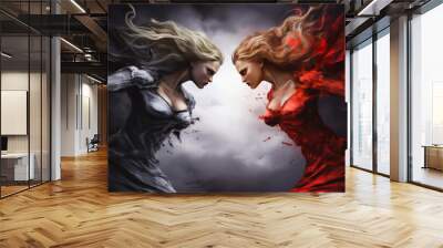 girls face to face. battle of good and evil illustration Wall mural