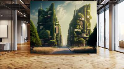 Green eco-friendly skyscrapers with plants and trees. Generative AI, Generative, AI Wall mural