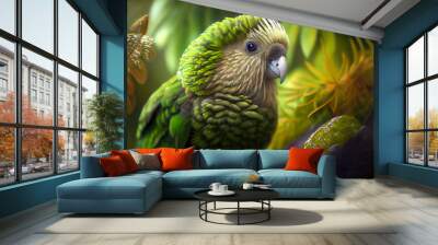 Green parrot sitting on a rock in the rainforest. Close-up. Generative AI Wall mural