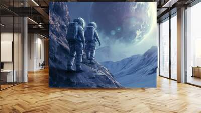 group of astronauts exploring a mysterious planet, discovering a hidden alien civilization Wall mural