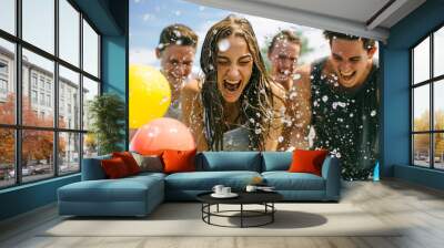 group of friends having a water balloon fight and laughing hysterically Wall mural