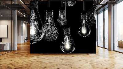 Group of incandescent light bulbs on black background with copy space. Generative AI Wall mural