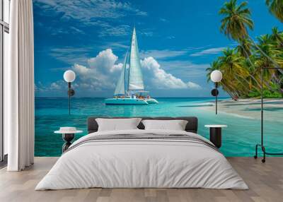 group of people sailing a catamaran in the Indian Ocean. The water is a beautiful shade of blue, and there are palm trees on the shore Wall mural