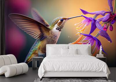 hummingbird hanging by a flower. Generative AI Wall mural