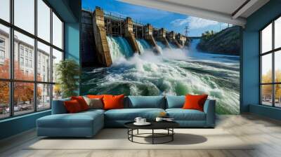 hydroelectric dam on a river with water flowing through the turbines Wall mural