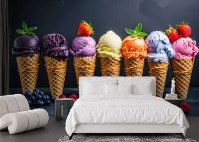 Ice cream scoops in waffle cones with berries and mint on dark background Wall mural