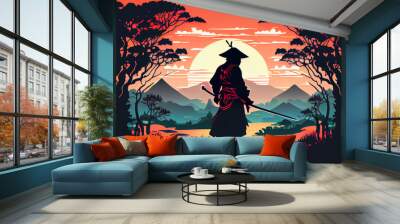 japanese drawing samurai watching the sunset. Generative AI Wall mural