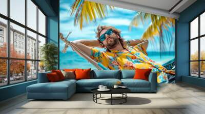 man in a Hawaiian shirt and sunglasses lying on a hammock on a beach, in the style of summer, relaxed, fun. Wall mural