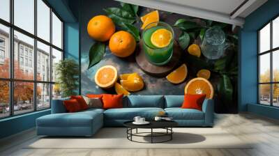 Oranges and glass of orange juice on a wooden board. Generative AI Wall mural