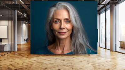 Portrait of a beautiful senior woman with grey hair and blue eyes. Generative AI Wall mural