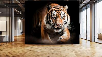 Portrait of a beautiful tiger on a black background with smoke. Generative AI Wall mural