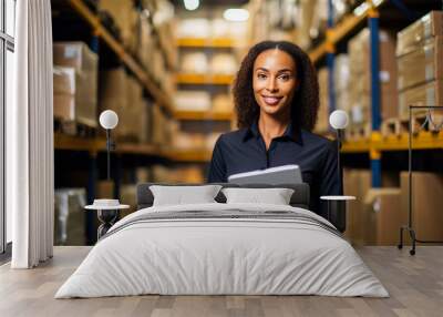 Portrait of young female staff in warehouse. Focus on the woman Wall mural