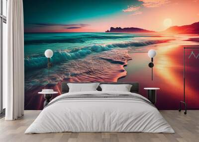 scarlet sunset on the sandy beach. Generative AI, Generative, AI Wall mural