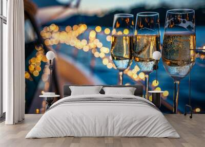 Three champagne glasses are on a table with a boat in the background Wall mural